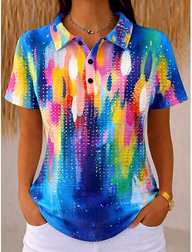  Mulheres Camisa Social Camisas Polo Waffle Tops de verão Âmbar Gráfico Geométrica Vintage à moda Manga Curta Aberto para a Lateral Colarinho polo Tops regulares casamento na praia Casual Diário Azul