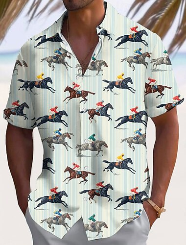  דרבי קנטקי בגדי ריקוד גברים פסים מרוצי סוסים חולצה חולצת קיץ חולצה עם כפתורים שרוולים קצרים רטרו וינטג' חגים קיץ אביב צווארון מתקפל הדפסת תלת מימד חולצות צווארון פול טורקיז תלתן כחול בהיר