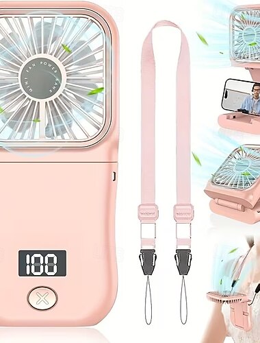 Ventilateur portable et pliable de cou, mini ventilateur de cou avec écran LED &Batterie externe, ventilateur personnel pliable à 180° avec support pour téléphone, petit ventilateur de poche mains