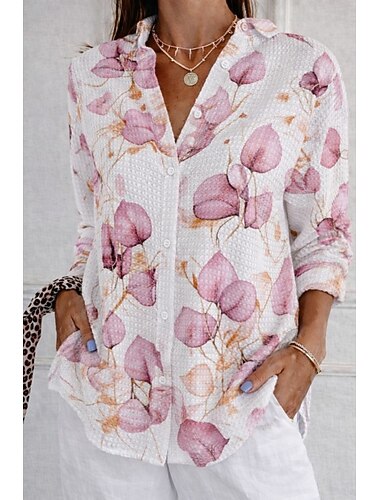  Dame Skjorte Vaffelskjorte Uformell skjorte Knapper Grafisk Elegant Ferie Årgang Langermet Lange topper Daglig utendørs Gateklær Hvit og Rosa Gul Regnbue Sommer Vår Høst Vinter