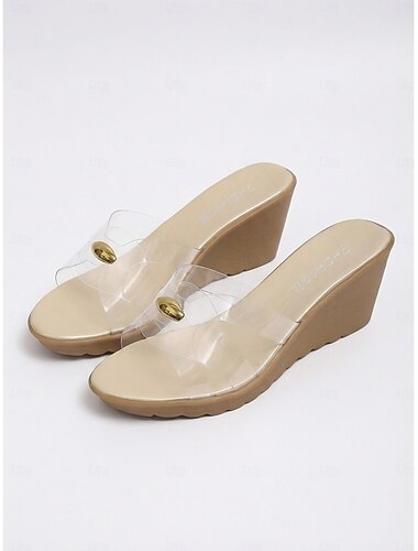  Elegantes sandalias de cuña transparentes para mujer con detalles metálicos dorados, ideales para vacaciones en islas y cruceros tropicales. &complejos turísticos de lujo en la playa