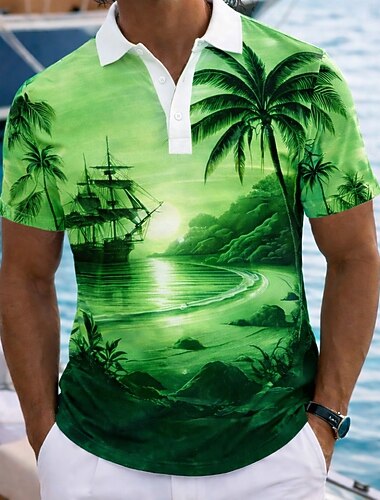  男性用 ヤシの木 ハワイアンポロシャツ 半袖 ポロシャツ ラペル カジュアル アスレイジャー デイリーウェア バケーションウェア 3Dプリント ボタン 高通気性メッシュ 春夏 ブルー ブラウン グリーン