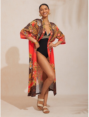 Scarlet Tigress silkemyk sateng rett maxi-cover-up