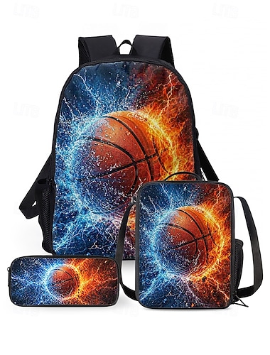  Kinderen Jongens Basketbal Rugzak Set met Lunchtas  Pennenzak Grote Capaciteit Schoolboekentas voor Basisschool Sport Reizen