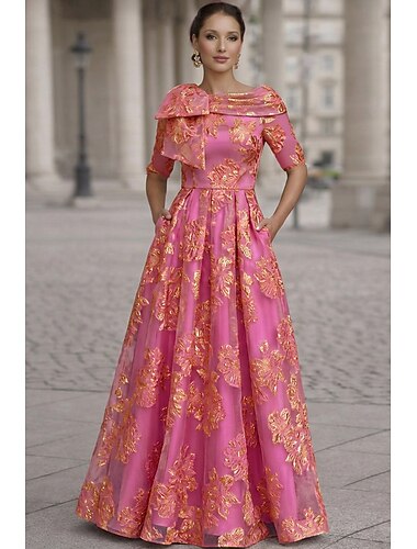  A-linja Kokopitkä Kukka mekko Iltapuku Tyylikäs Vintage Kukka-aihe Lyhythihainen Venekaula-aukko Puutarhajuhlat Häät Tasku Satiini Jakardi kanssa Kukkapainatus Kirjailtu kukka Rusetti(rusetit)