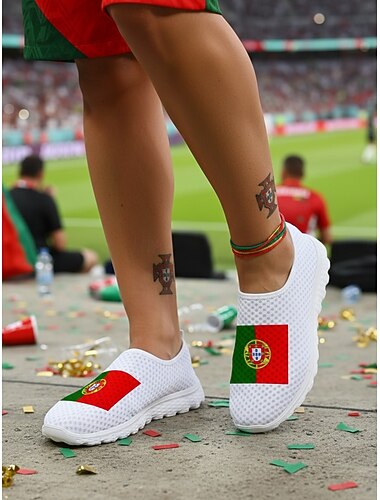  Slip-on-sneakers med portugisisk flagg til dame – lette, avslappede nettingsko for fotballfans, reiser og hverdagsbruk