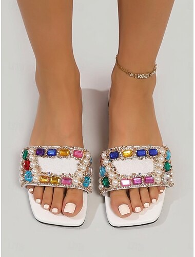  Versierde platte sandalen voor dames, open teenslippers met strasssteentjes en parels, perfect voor een diner in een resort of een vakantie. &zomeravondactiviteiten