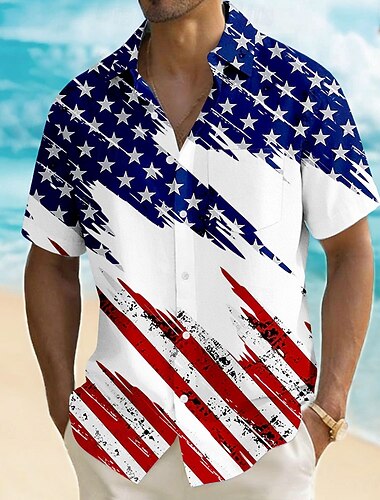  Herren US 250. Jubiläum Amerikanische Flagge Shirt Sommer Shirt Kurzarm Hemd Patriotisch Outdoor Feiertag Sommer Frühling Umgeschlagen 3D Druck Front Eine Tasche Leinenähnliches Hemd Blau