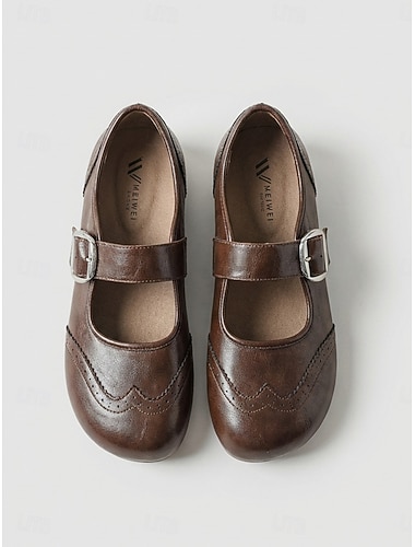 Retro-Mary-Jane-Ballerinas im Brogue-Stil für Damen in Braun – bequeme Schuhe mit runder Zehenpartie und Schnallenriemen &Details mit Flügelkappe für den Büroalltag und Freizeitspaziergänge