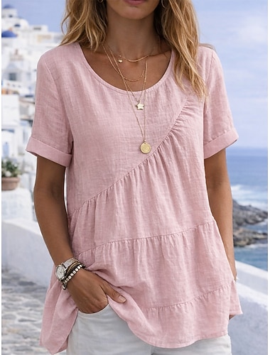  Damen T Shirt Hemd aus Leinenimitat T-Shirt Gerafft Einfach Mode Stilvoll Klassisch Kurzarm Rundhalsausschnitt Normale Oberteile Täglich Ausgehen Wochenende Blau Schwarz Weiß Gelb Rosa Sommer Frühling