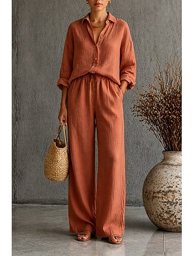  בגדי ריקוד נשים תערובת כותנה סטים של שני חלקים ערכות מכנסיים שרוול ארוך צווארון חולצה אחיד אופנתי סגנון רחוב קזו'אל יומי בָּחוּץ שחור כחול סקיי סגול אביב קיץ מונח בצורה רפויה