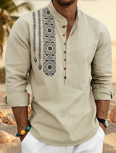  رجالي قميص قميص كتان قميص بوبوفر قميص صيفي قميص الشاطئ هندسي فضفاض عطلة أسود أبيض وردي بلاشيهغ أزرق البحرية كم طويل مرتفعة الصيف الربيع ملابس Buttons