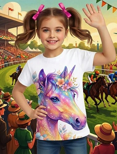  Kentucky Derby Mädchen 3D Grafik Pferd T-Shirt Kurzarm 3D-Druck Sommer Frühling Sport Mode Streetwear Kinder 4-12 Jahre Rundhalsausschnitt Lässig Täglich Outdoor Normale Passform
