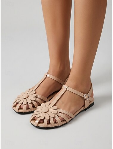  Dames platte sandalen in abrikooskleur met bloemenversiering in bohemian stijl - elegante zomerschoenen met T-bandje voor resortvakanties en strandbruiloften. &tropische vakantiebestemmingen