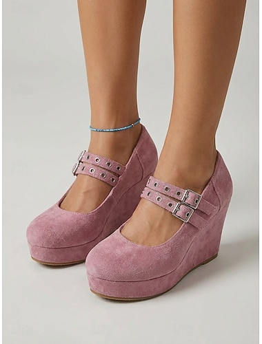  Rosa semskede Mary Jane-pumps med kilehæl til dame, platåhæler med dobbel spenne til hagefest &utendørsarrangementer