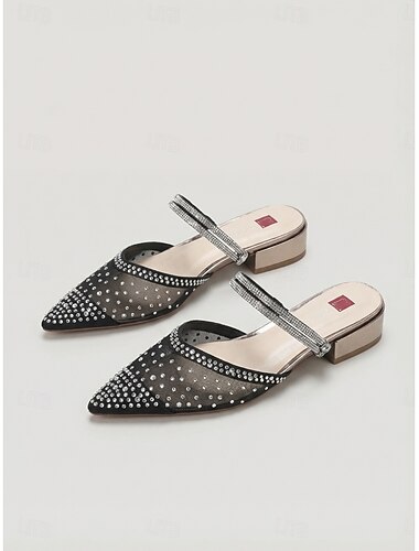  Dames muiltjes met spitse neus, strasssteentjes en mesh - champagnekleurige, goudkleurige sandalen met lage blokhak voor een cocktailparty &zomerbruiloft