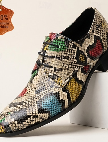  Flerfargede oxfordsko med slangeskinnstrykk for menn, snøring, moteriktige pensko, statement-sko til formelle anledninger for bryllup, banketter, fester, skoleball, moteshow og dristig kveldsstil