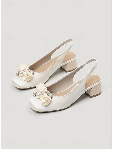  Dámské lodičky s úzkým podpatkem v barvě slonové kosti, květinově hnědé perlové elegantní boty s čtvercovou špičkou na zahradní párty, pro svatební hosty &denní události