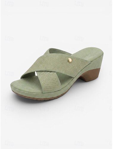  Damskie zielone sandały na koturnie z ozdobnymi paskami i kryształkami – wsuwane, wygodne klapki z amortyzowaną wkładką, błyszczące, odkryte palce na wakacje i przyjęcia ogrodowe &odzież codzienna