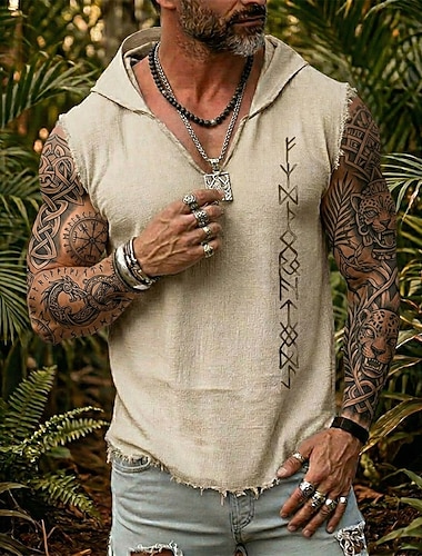  herre viking runer norrøn futhark pagansk kriger boho tribal ermeløs hettevest grafikk frynsete rå fald løs passform sommer strand festival designerklær s m l xl xxl xxxl