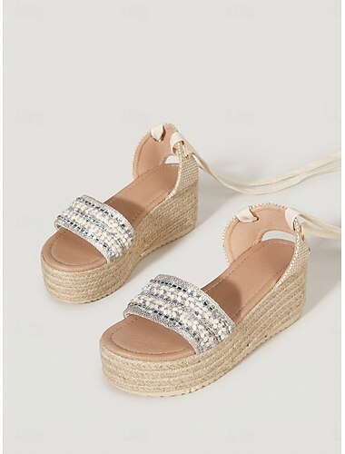  Beige espadrille sandalen met sleehak, enkelbandjes en pailletten voor dames – vakantie &resort avondschoenen