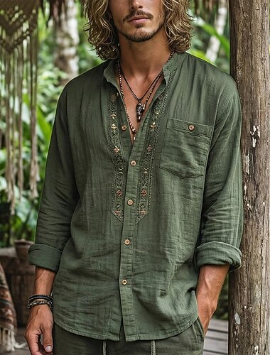  בגדי ריקוד גברים חולצה חולצת פשתן סגנון ויקינגי חולצת קיץ ביגוד חוף חולצה עם כפתורים צבע אחיד בָּחוּץ חופשה תלתן שרוול ארוך צווארון חולצה קיץ אביב ביגוד כיס
