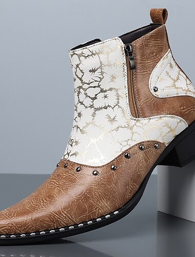  Pánské hnědobílé westernové kotníkové boty s bočním zipem, kovbojské boty na blokovém podpatku pro módní muže, ideální na rodea, hudební festivaly, večírky a výrazné outfity
