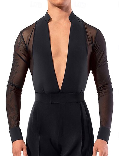  Body da ballo latino da uomo con maniche in rete trasparente &camicia da gara per spettacoli di ballo da sala con scollo a V profondo