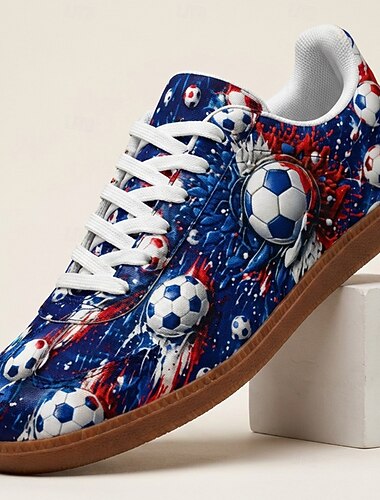  Herensneakers met blauwe voetbalprint, casual veterschoenen, lichtgewicht, comfortabel om te wandelen, voetbalfanschoenen voor WK-wedstrijden, sportevenementen, reizen en dagelijks gebruik.