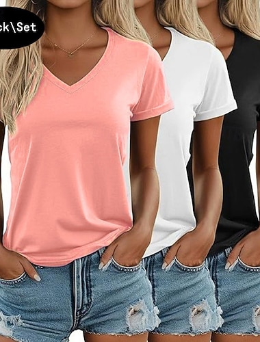  Paquets multiples 3 pièces Féminin Col ras du cou Manche Courte Noir + Rose + Blanc T-shirt Pur Couleur Unie Quotidien Extérieur Polyester Été