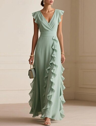  Damen Maxikleid Chiffonkleid Elegant Täglich Outdoor Urlaub Normale Passform Einfach Kurzarm V Ausschnitt Grün Frühling
