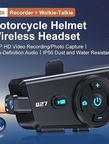 Q27 motorhelm Bluetooth-headset met 720p HD-camera, draadloos intercomsysteem (walkie-talkie) en videorecorder. &Foto's maken, IP56 waterdicht, HD-audio voor dashcam tijdens het motorrijden