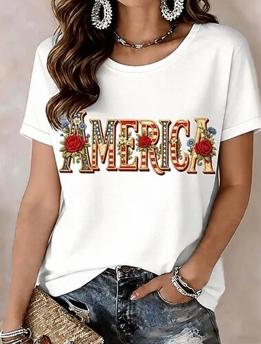  Giorno dell'Indipendenza Americana Per donna Maglietta Stampato Grafico Bandiera Lettera Vintage Moda Elegante Manica Corta Girocollo Top Regolari Casuale Quotidiano Weekend Nero Bianco Rosso Estate