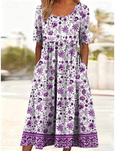  Femmes Robe Midi Robe fourreau Vacances Occasionnel Boho Quotidien Robe d'Été Robe de Printemps Coupe régulière Fleuri Graphique Demi Manches Col ras du cou Bleu Fuchsia Été Printemps