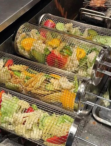  1 rotolo di verdure, cestello per arrostire a carbone, rotolo di rete per barbecue in acciaio inox rinforzato, supporto per griglia da campeggio all'aperto