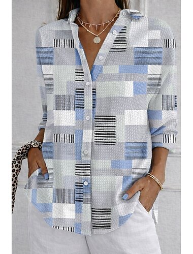  בגדי ריקוד נשים חולצה חולצת וופל חולצה קז'ואל גראפי גיאומטרי אלגנטית חופשה וינטאג' שרוול ארוך חולצות רגילות יומי בָּחוּץ לבוש רחוב ירוק דשא לבן כחול כהה קיץ אביב סתיו חורף