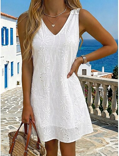  Női Rövid mini ruha Fehér ruha Eyelet ruha Elegáns Divat Modern Tengerpart Vakáció Szabadság Normál Virágos Ujjatlan V-alakú Fehér Rózsapiros Nyár Tavasz