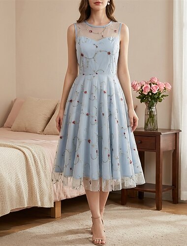  1950er Retro Vintage Kleid Swing-Kleid Ausgestelltes Kleid Ärmellos Bestickt Blumen Tailliert und ausgestellt Schaukel Rundhals Kostüm Damen Lässig Teegesellschaft Erwachsene Kleid Frühling & Sommer