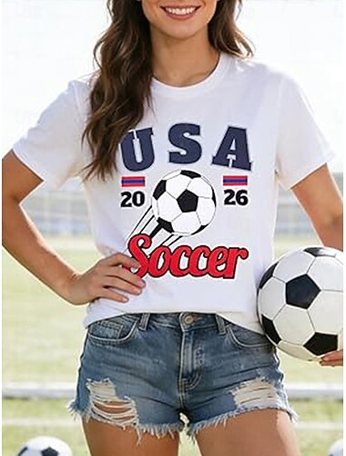  Damen T Shirt Druck Grafik Fussballteam Stilvoll Klassisch Lässig Kurzarm Rundhalsausschnitt Rundhals Normale Oberteile Lässig Täglich Weiß Rote Sommer Frühling