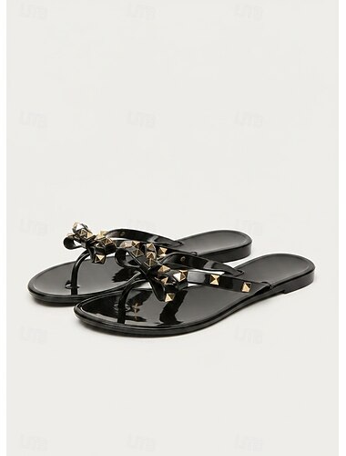  flip-flops de damă cu fundă cu împânzire negre – sandale de plajă șic, cu talpă plată confortabilă, pentru ținute casual de vară