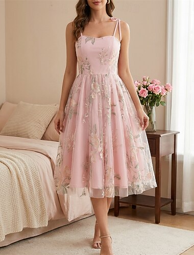  Jaren '50 Retro vintage rockabilly Middag Jurken Swing Jurk Flare Jurk Spaghetti Bandjes Geborduurd Bloemig Wijd uitlopend Schommel Lieverd nek Kostuum Dames Casual Teaparty Volwassenen Kleding Lente