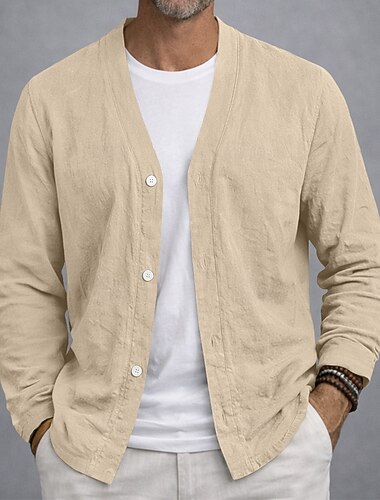  Herren Leinenhemd Sommerhemd Strandbekleidung Knopfhemd Strickjacke Einfach Lässig Urlaub Blau Schwarz Weiß Khaki Langarm V Ausschnitt Sommer Frühling Bekleidung