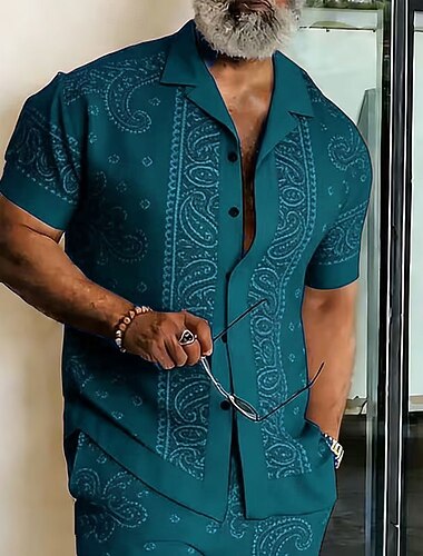  男性用 ペーズリー フラワープリント エスニック シャツ ボタンアップシャツ キャンプシャツ 半袖 ヴィンテージレトロ ストリートウェア バケーション 夏 春 キューバンカラー 3Dプリント バーガンディー ダークグリーン ブラウン ダークブルー