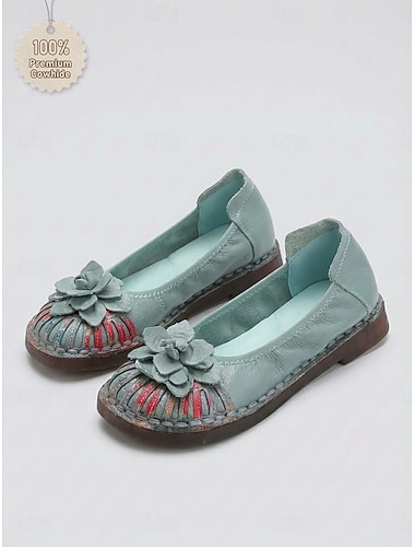  Lysegrønne premium skinnsko til dame – komfortable slip-on-sko med bred passform og håndlagde blomsterdetaljer for landliv, hage og hverdagsbruk