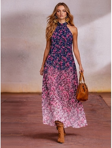 Damen Midikleid Sommerkleid A Linie Kleid Halterkleid Rückenfreies Kleid Urlaub Party Geburtstag Outdoor Strand Party Normale Passform Ombre Blumen Grafik Ärmellos Neckholder Rosa Sommer Frühling