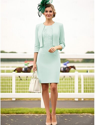  Tvådelad Åtsmitande Frack Knälång Bröllopsgästklänning Klänning till brudens mor 3/4 ärm Prydd med juveler Elegant Enkel Formell Bröllopsgäst Stretchtyg Jacka klänningar med Broderad