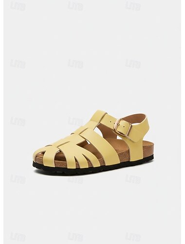  Sandalias de gladiador amarillas para mujer, cómodas sandalias para caminar con hebilla ajustable y plantilla de corcho para viajes de verano y playa. &ropa de uso diario