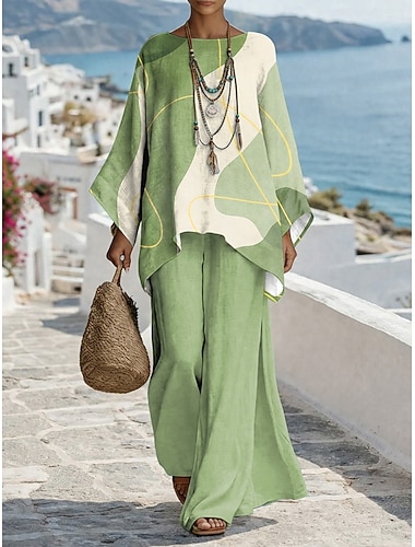  Damen Hosen-Sets Dreiviertelarm Rundhals Grafik Geometrisch Druck Mode Streetwear Lässig Täglich Outdoor Hellgrün Rosa Purpur Sommer Lässiger Schnitt