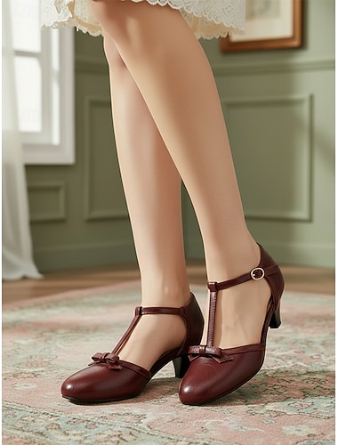  Vintage-Mary-Janes im Burgunderrot aus den 1950er-Jahren – elegante T-Riemchen-Pumps mit Schleifendetail für Retro-Partys und Abendveranstaltungen &klassischer, damenhafter Stil