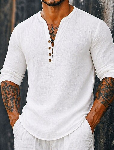  Homme Chemise Chemise en lin Chemise popover Chemise d'été Chemise de Plage Couleur Unie Occasionnel Vacances Blanche manche longue Henley Printemps & Été Été Vêtement Tenue Boutons